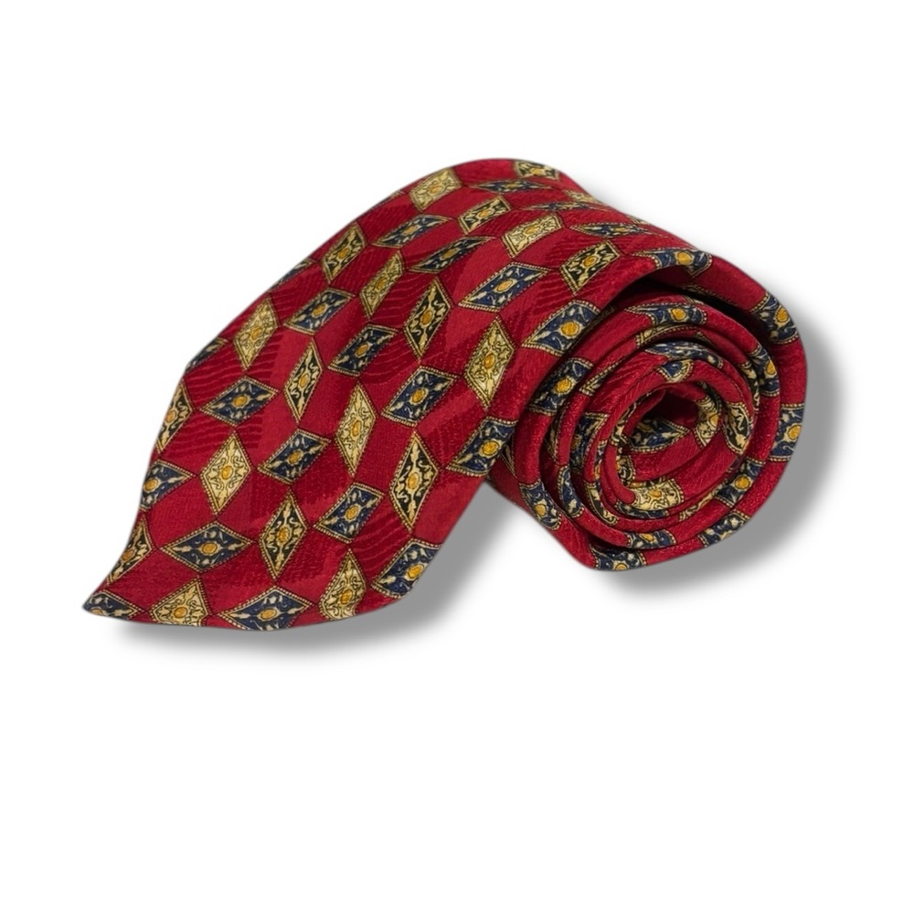 VALENTINO Red, Navy, & Gold Geometric Pattern All Silk Tie